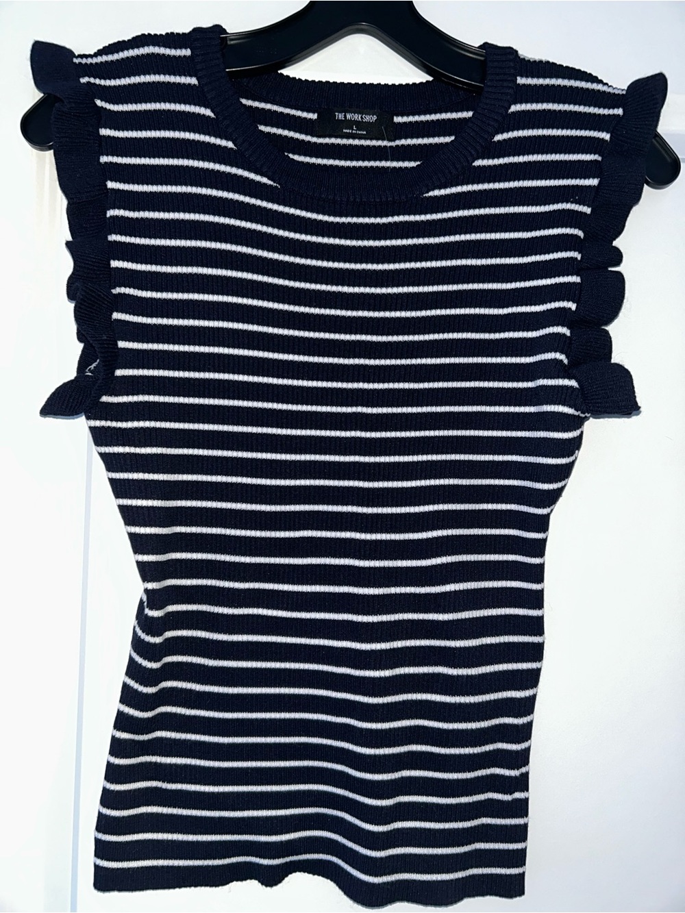 Navy & White Striped Ruffle Sleeve Knit Top